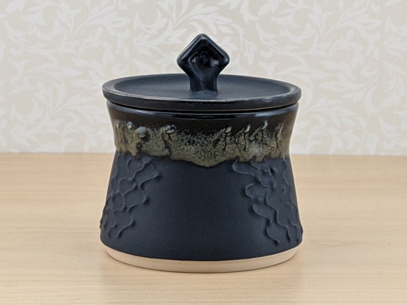 Ceramic sugar jar or bowl with green and brown glazes and full lid handmade by Jason Hooper Pottery