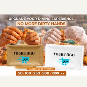 Puede incluir: Dos paquetes, uno marrón y otro blanco, con el texto "YOUR LOGO" y un logotipo de carrito de compras azul. La imagen también incluye el texto "UPGRADE YOUR DINING EXPERIENCE" y "NO MORE DIRTY HANDS". La parte inferior de la imagen muestra el texto "Custom Logo Available" y los números 50, 100, 250, 500 y 1000.