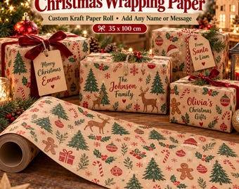 Gepersonaliseerd kerstcadeaupapier, cadeaupapier met naam, kraftpapier voor kerst, gepersonaliseerd cadeaupapier voor de feestdagen, cadeaupapier met logo