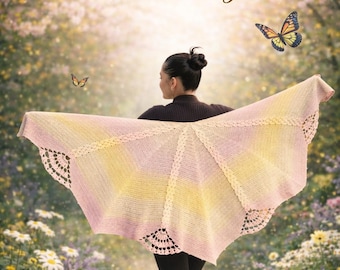May include: A crochet shawl featuring a gradient of soft pink and yellow hues with a delicate lace border. The shawl is displayed in a wide, wing-like shape. The word Butterfly is printed in brown script above the shawl in the image.
