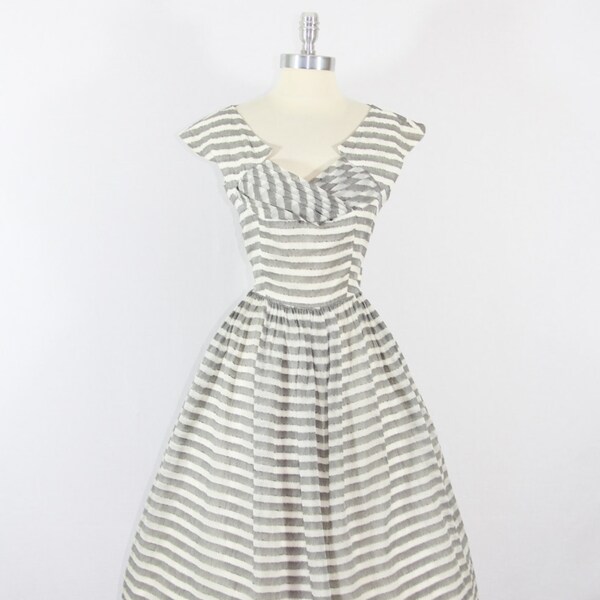1950's Vintage Party Dress - Gray and White Striped Chiffon Party Dress