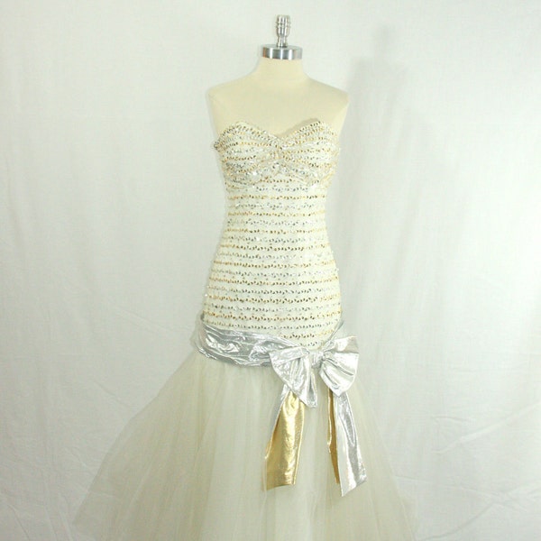 RESERVED..........................1960's Vintage Dress -  White, Gold and Silver Sequin and Tulle STRAPLESS Wedding Frock