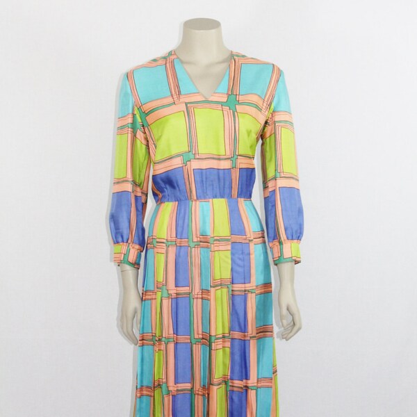 1960s Dress - Great Geometric Lime Green and Aqua and Royal Blue XL Silk Party Frock