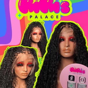 May include: An advertisement for Riri's Palace featuring three mannequins with long, black braided wigs and bold makeup. The background is a vibrant mix of pink, purple, and rainbow colors. The Riri's Palace logo is prominently displayed.