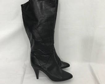 Vintage 1980s Soft Black Leather 6 1/2 Knee High Heeled Boots