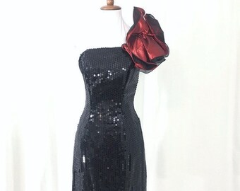 Vintage NWOT Loralie 90s Black Sequin Red Ruffle One Shoulder Cocktail Dress S