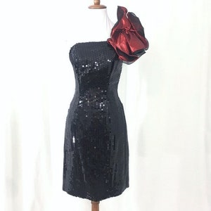 Vintage NWOT Loralie 90s Black Sequin Red Ruffle One Shoulder Cocktail Dress S