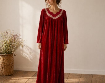 Camisón largo vintage de terciopelo rojo con ribete de encaje, estilo cottagecore, talla M/L