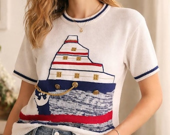 Vintage 80s Evian II Nautical Ship Boat Preppy Novelty Sweater L