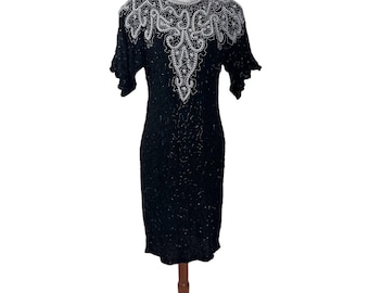 Vintage 80s Silky Nites Sequined and Pearl Embellished Silk Cocktail Dress S