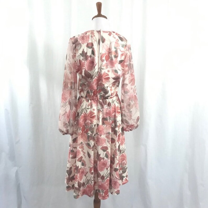 Vintage 1970s Lady Carol Chiffon Floral Secretary Full Skirt Fit Flare Dress ML