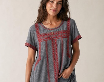 Blusa/camisa de chambray y bordado rojo de la marca Lucky Brand Y2K, talla L