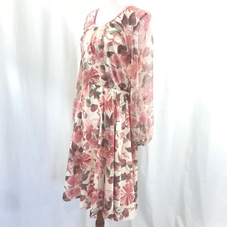 Vintage 1970s Lady Carol Chiffon Floral Secretary Full Skirt Fit Flare Dress ML