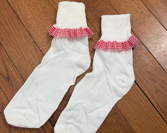 NWOT Vintage 1980s White Red Gingham Ruffled Sock S/M