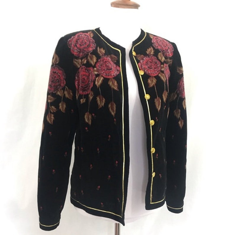 Vintage 1980s Saxon Hall Black Velvet Floral Blazer M