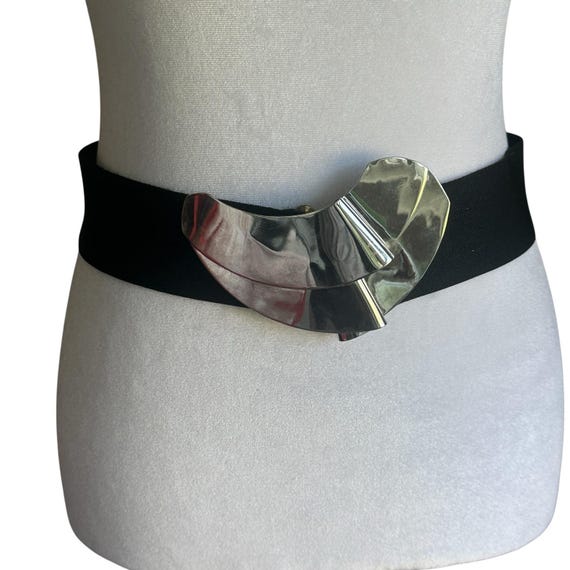 Vintage Black Elastic Waist Cincher Abstract Silver Buckle M/L