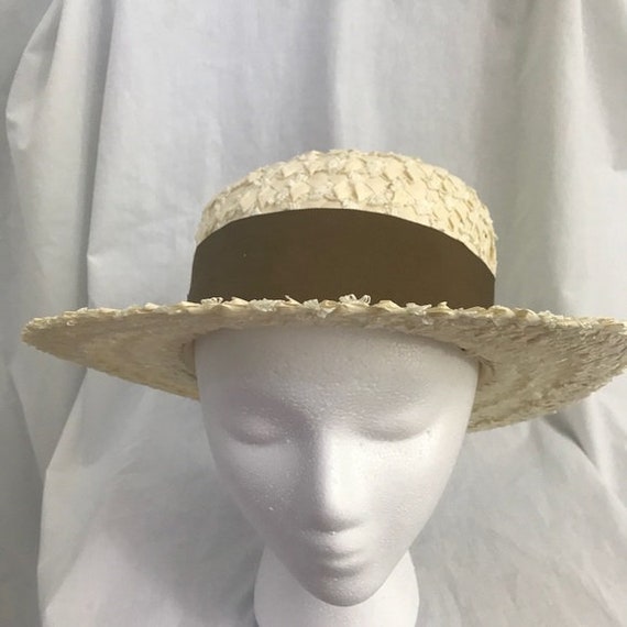 Vintage 60s Cream Bow Round Straw Sun Hat - image 4