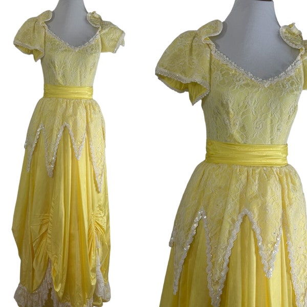 Vintage 1980s Yellow Romantic Prarie Style Prom Gown Dress S