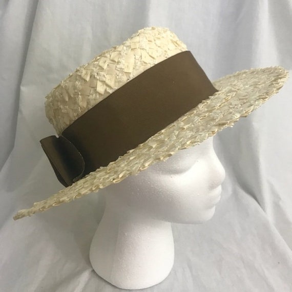 Vintage 60s Cream Bow Round Straw Sun Hat - image 3