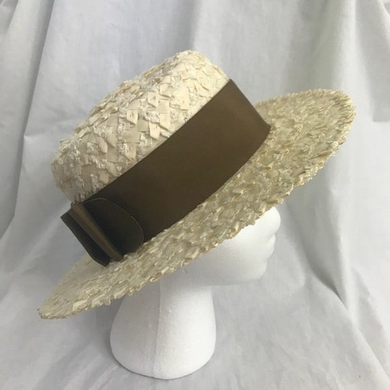 Vintage 60s Cream Bow Round Straw Sun Hat - image 9