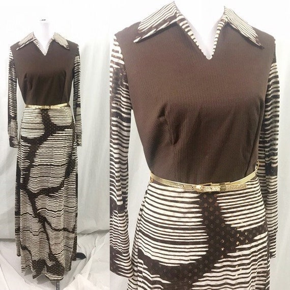 Vintage 1970s Designer Toni Todd Brown Gold Maxi