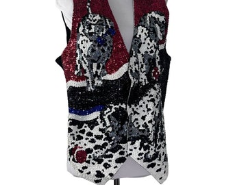 Vintage 1980s Fashion  Sequined Dalmatian Puppies Vest M