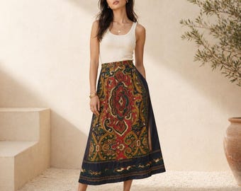 Vintage 90s Equestrian Scarf Paisley Print Skirt Hunt Scene Midi M