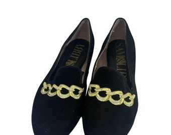 Vintage 90s Sam And Libby Black Gold Velveteen Loafers 8