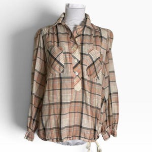 Vintage Fritz San Francisco Plaid Blouse Drawstring Hem M L 70s Boho