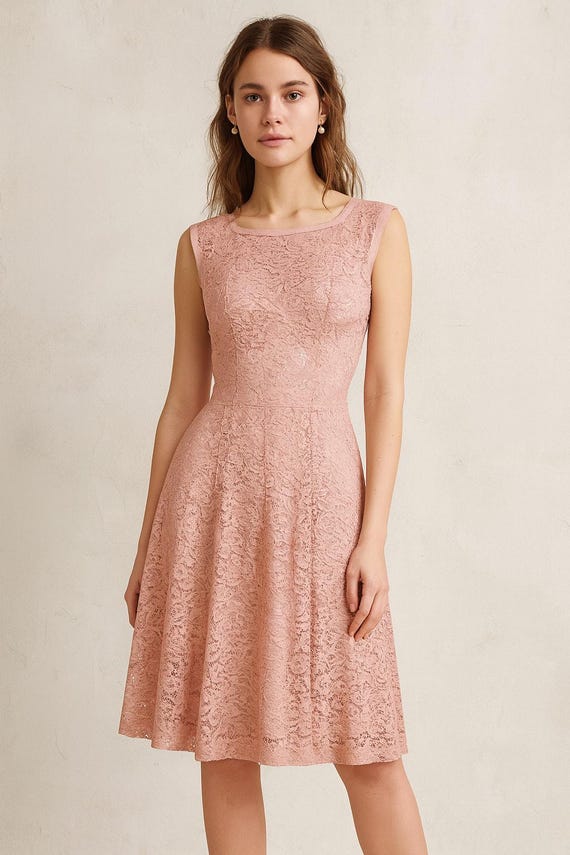 Vintage 1950s Mize Modes Pink Blush Lace Cocktail Semi Formal