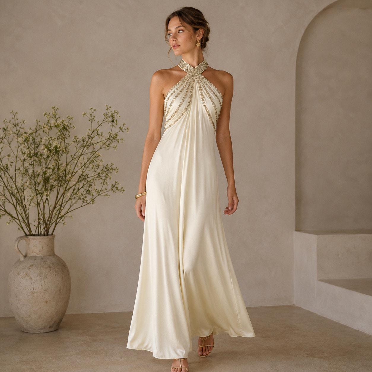 lillie rubin beaded dress 1970s Lillie Rubin Pearl Beaded Long Dress – Blossom Vintage