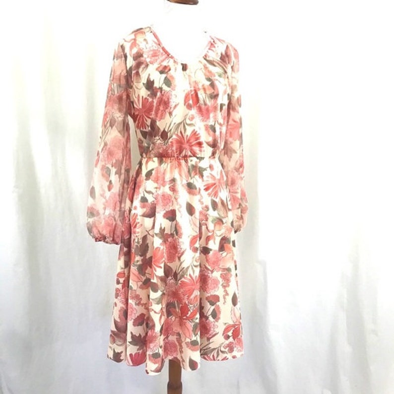 Vintage 1970s Lady Carol Chiffon Floral Secretary Full Skirt Fit Flare Dress ML