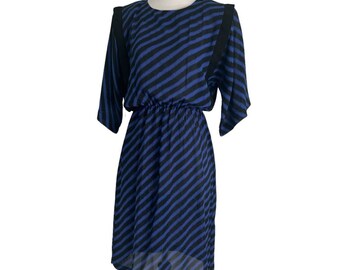 Vintage 80s Michael Blair Black Blue Striped Midi Dress S