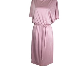 Vintage 70s Pale Pink Flutter Sleeve Midi Secretary Dress S/M