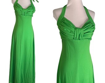 Vintage 1970s Act I Kelly Green Halter MAxi Dress XS