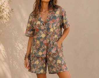 Vintage 70s Patchwork Print Two-Piece Set Boho Lounge Shorts Suit