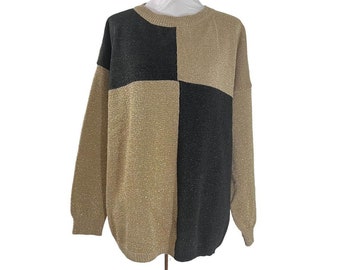 Vintage 80s Shenanigans Gold Glitter and Black Colorblock Oversized Sweater L