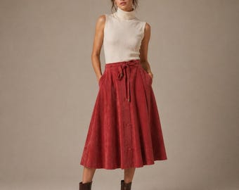 Vintage Peter Popovich Ultrasuede Ziegelrot Midi Rock Krawatte Taille S