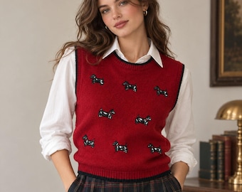 Vintage JG Hook Wool Scottie Dog Sweater Vest NWT Red Small Preppy