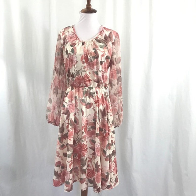 Vintage 1970s Lady Carol Chiffon Floral Secretary Full Skirt Fit Flare Dress ML