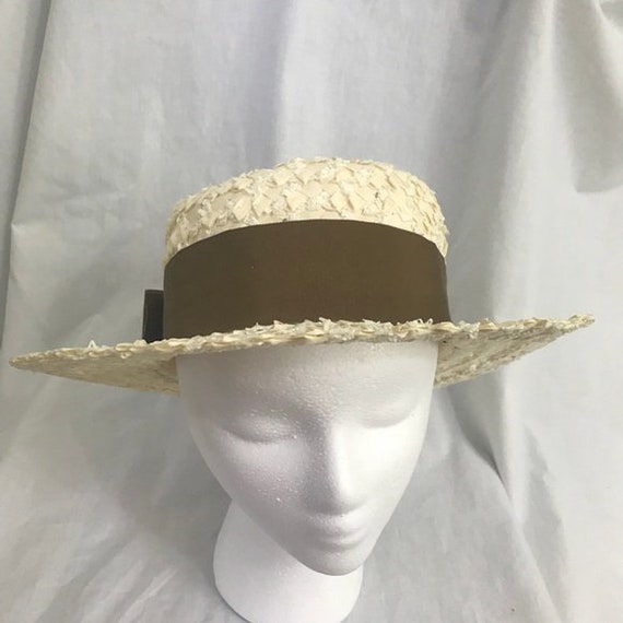 Vintage 60s Cream Bow Round Straw Sun Hat - image 2