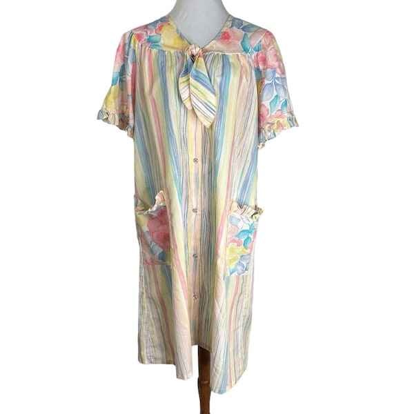 Vintage 80s All Day Cafe Pastel Rainbow Multi Print House MIdi Dress Mumu Robe M