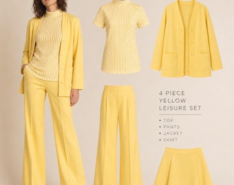 Vintage Yellow 70s Leisure Suit Set 4 Pc Pants Skirt Jacket S