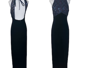 Vintage Y2k betsy & adam Blue Velvet Formal Backless Slinky Maxi Dress S