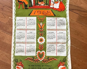 Nuevo en su empaque original. Calendario de mediados de siglo, 1965. Paño de cocina, té o toalla para colgar en la pared.