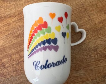 Vintage 80s Rainbow Colorado Hearts Tea Cup Coffee Mug