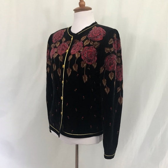 Vintage 1980s Saxon Hall Black Velvet Floral Blazer M