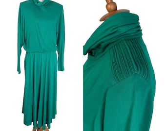 Vintage 1980s Positive Attitude Emerald Green Tutrtleneck knit Midi Dress M