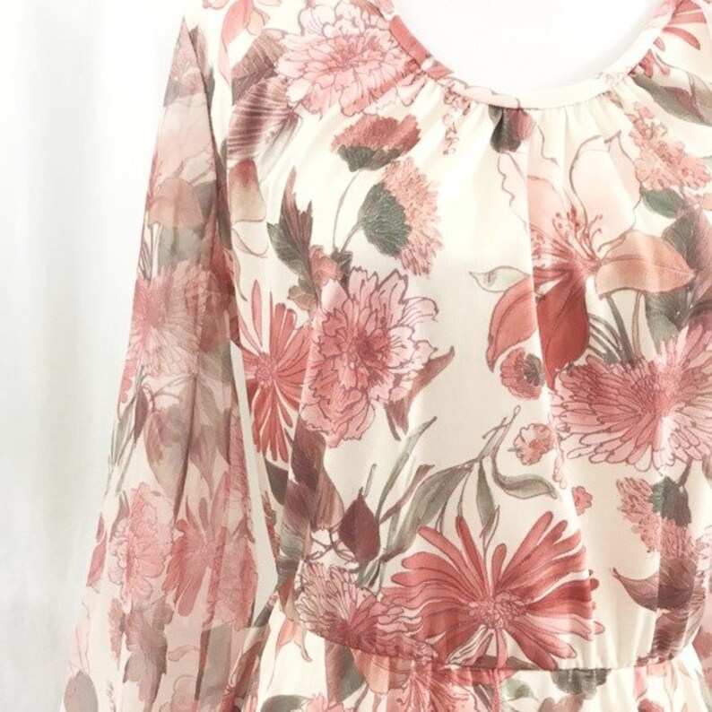 Vintage 1970s Lady Carol Chiffon Floral Secretary Full Skirt Fit Flare Dress ML