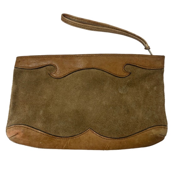Vintage 1970s Boho Distressed Brown Suede Leather Clutch HAndbag